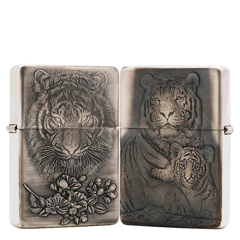 【鬼王老师】1937定制925银机3D浮雕虎嗅蔷薇煤油防风打火机