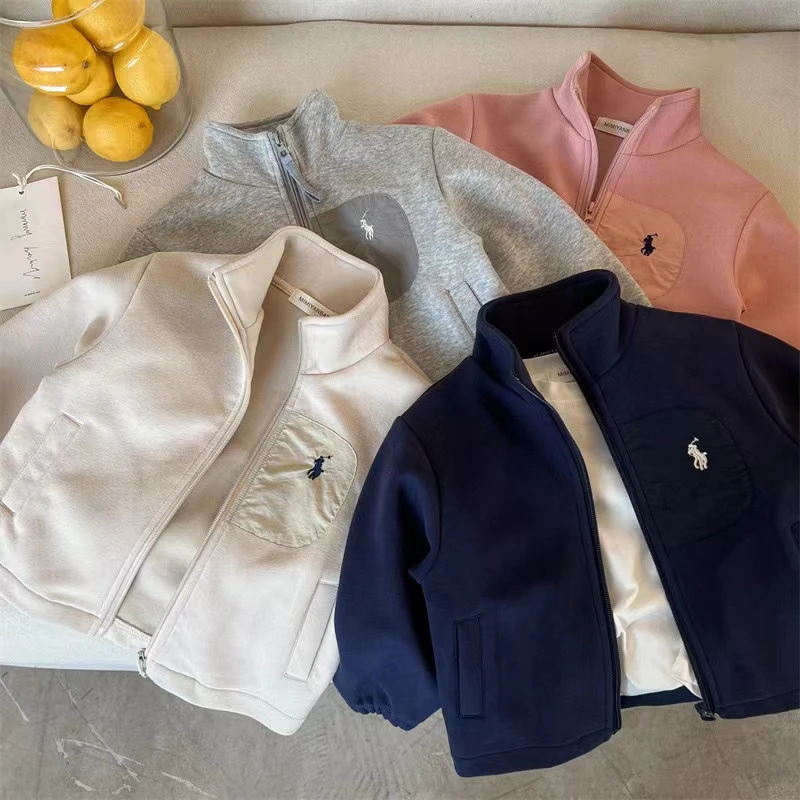 儿童外套2025春季新品男女童刺绣立领卫衣宝宝百搭纯色外套50035