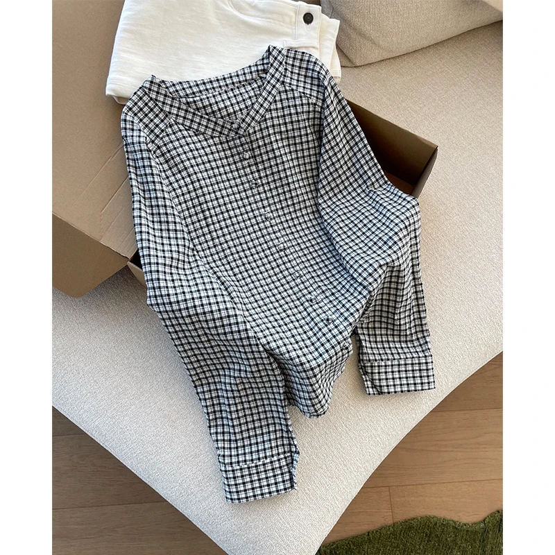 【丹姐家~格子衬衫~】韩系包扣格子圆领全棉衬衫