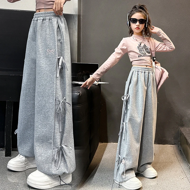 女童春秋款裤子儿童直筒蝴蝶结灯笼裤春季薄款宽松束脚卫裤运动裤