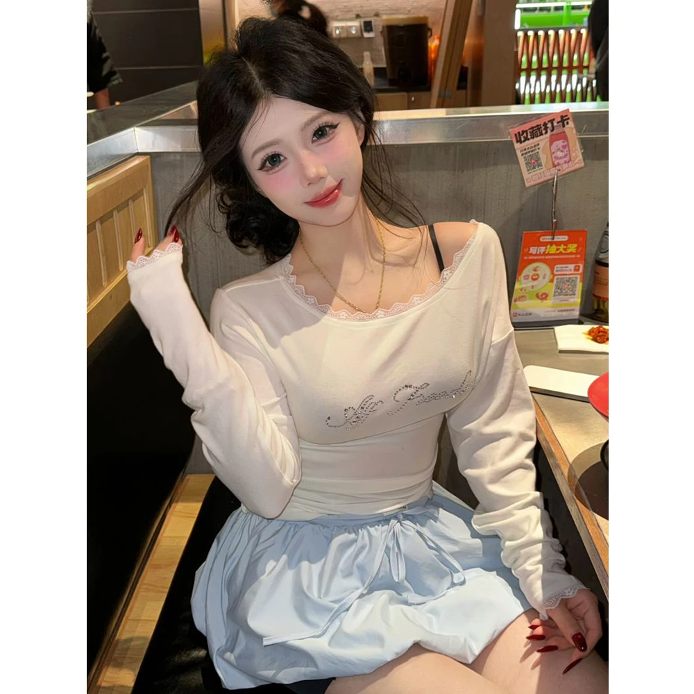 辣妹纯欲风烫钻字母长袖T恤女春季显瘦收腰小众气质露肩修身上衣