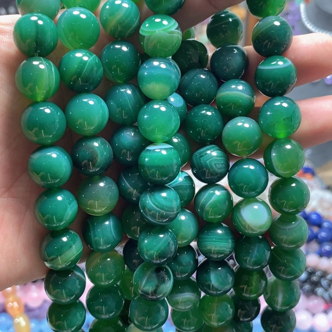 足银镀金镶嵌玛瑙/玉髓珠宝半成品绿缠丝玛瑙一条卡14mm