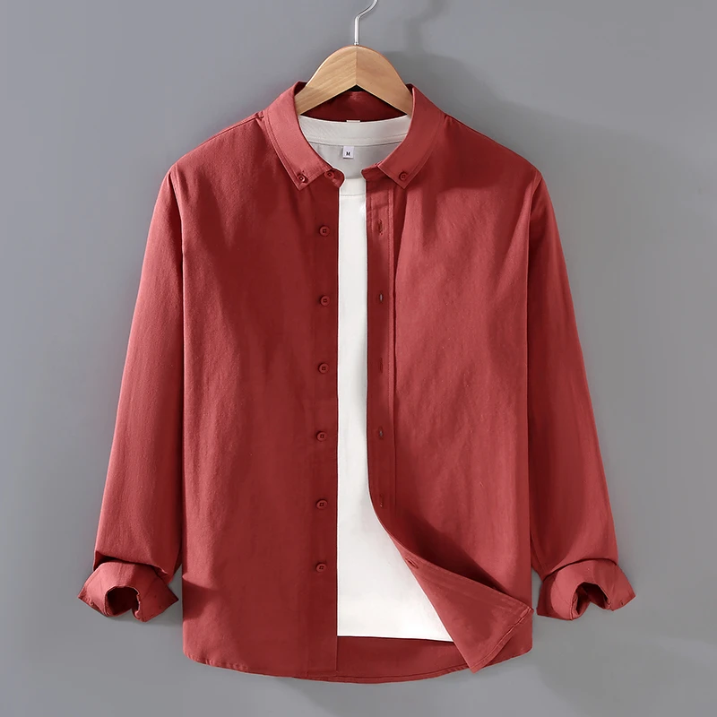 100%纯棉春秋高级感男士商务休闲衬衫薄款纯色通勤长袖衬衣男3501