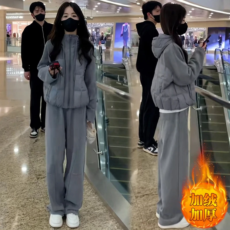 小个子保暖拼接棉服套装女款2024冬季新款加厚外套加绒裤子两件套