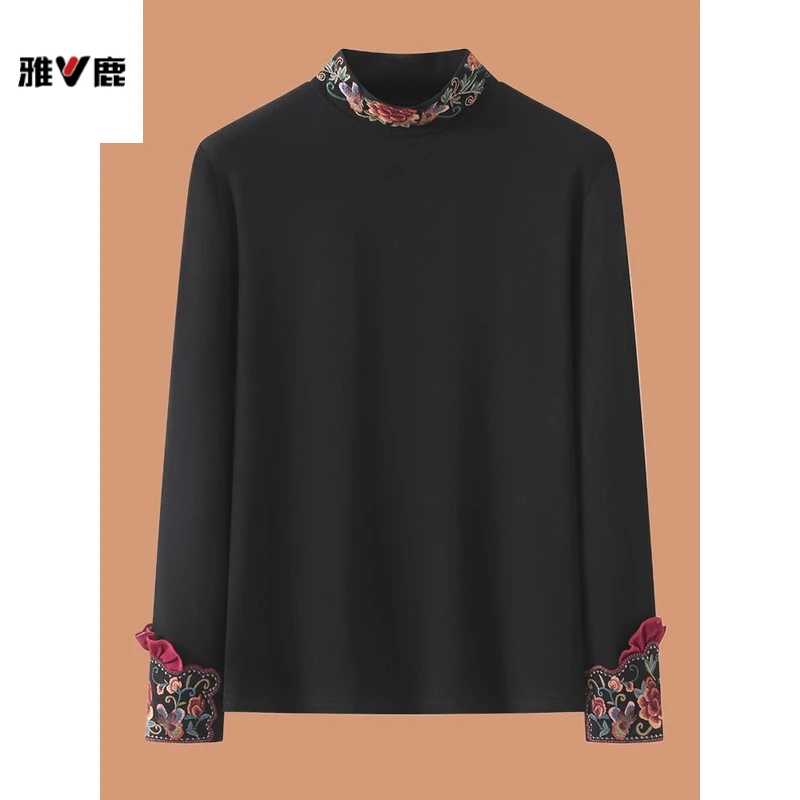 雅鹿优选新中式妈妈春秋装国风半高领打底衫中老年女装刺绣民族风