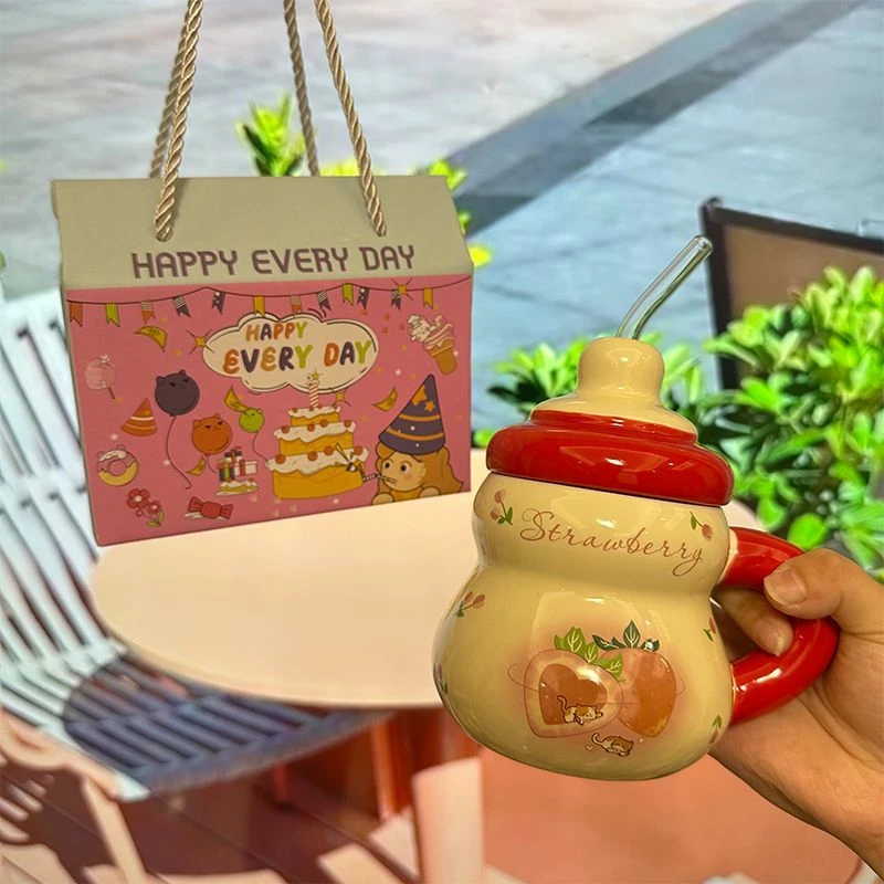 可爱水果陶瓷马克杯生日礼物高颜值吸管水杯女生带盖家用牛奶杯子