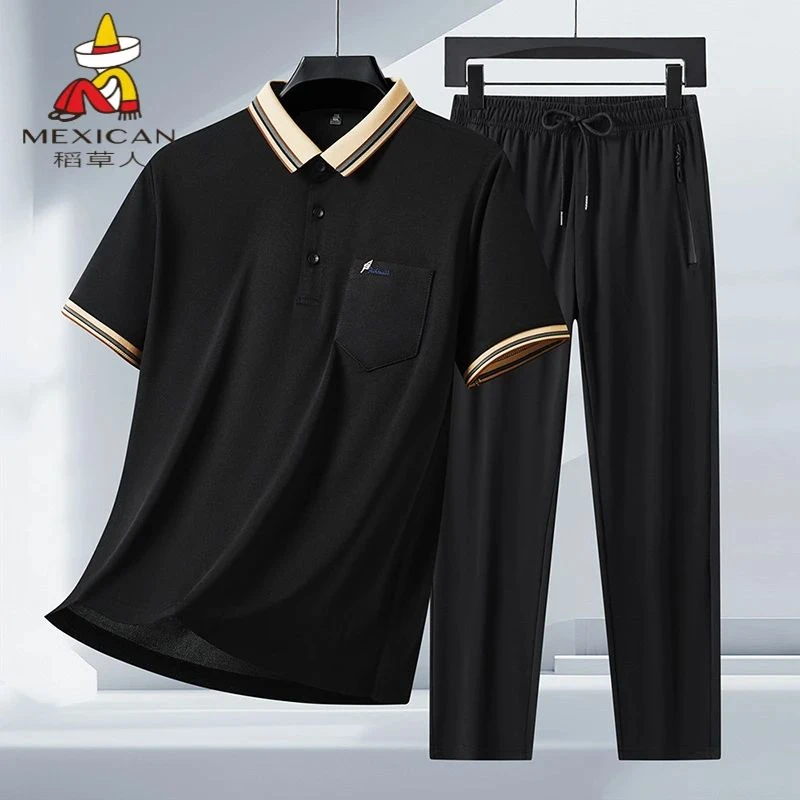 稻草人爸爸套装夏季中青年冰丝短袖polo衫速干透气长裤休闲两件套
