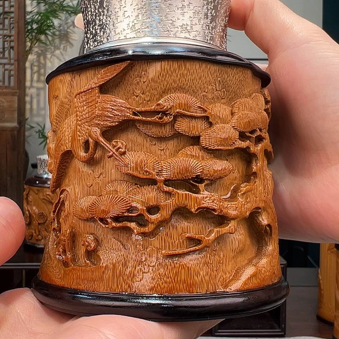 竹无*谓竹雕松鹤茶叶罐