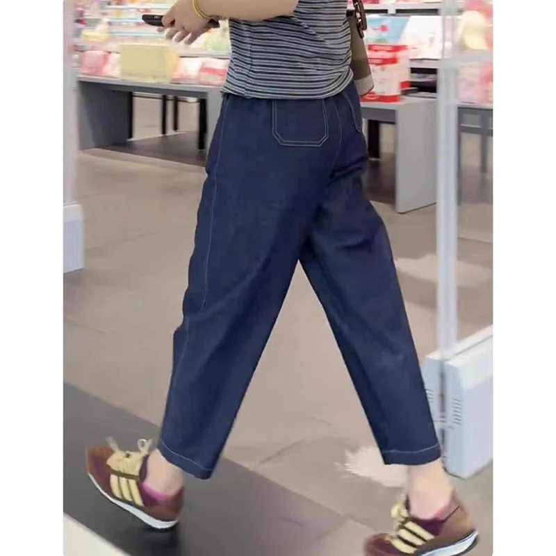 深蓝色九分牛仔裤女2025夏季薄款小个子大码高腰宽松显瘦老爹裤子