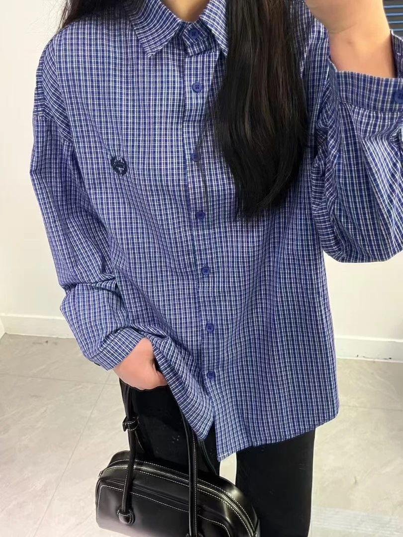 百搭简约刺绣宽松2025年新款复古红蓝色格子学院风长袖衬衫h