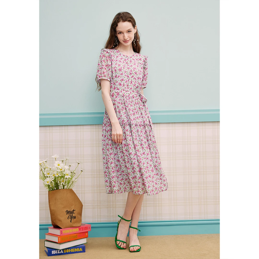 SALT.P可颜 夏季假日碎花100%桑蚕丝连衣裙AC64205150