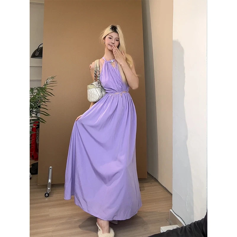 御姐风露背绑带时尚小众高级设计款连衣裙轻熟风镂空性感长裙子女