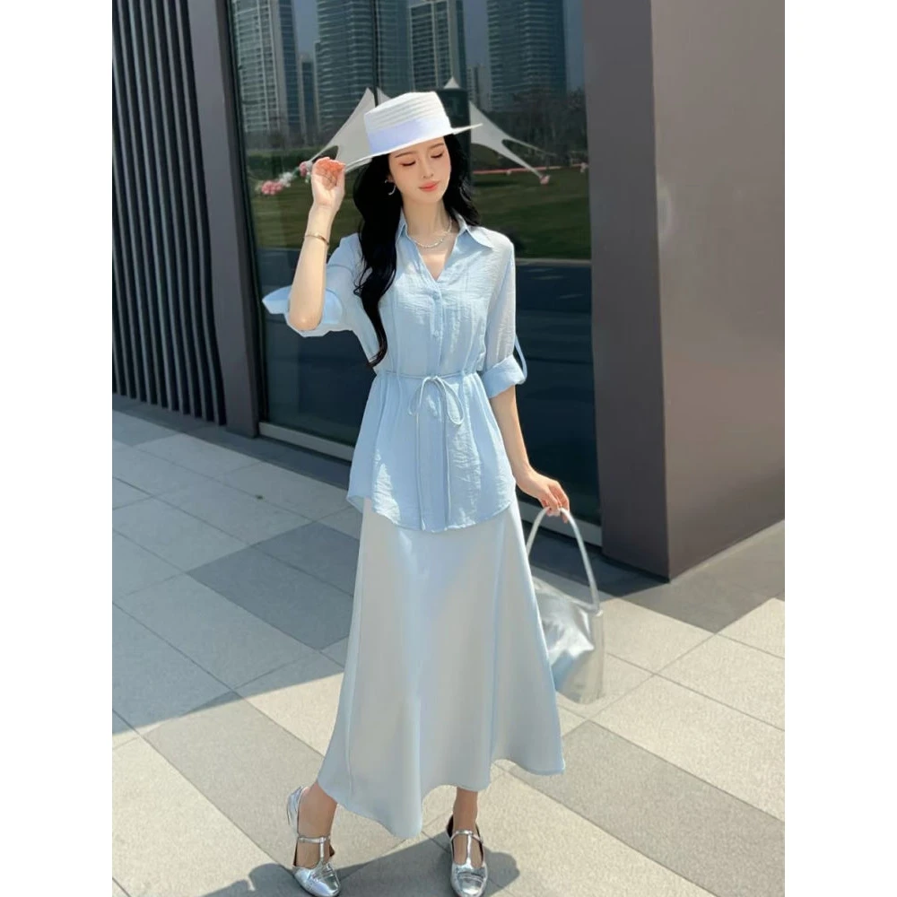 欧洲站2025春夏新款遮肚显瘦天丝收腰衬衫吊带绸缎连衣裙两件套女