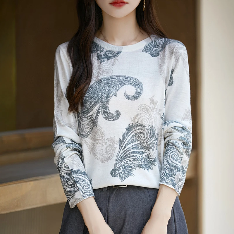 春季精纺水溶羊毛针织衫女圆领长袖提花打底衫减龄内搭印花T恤衫