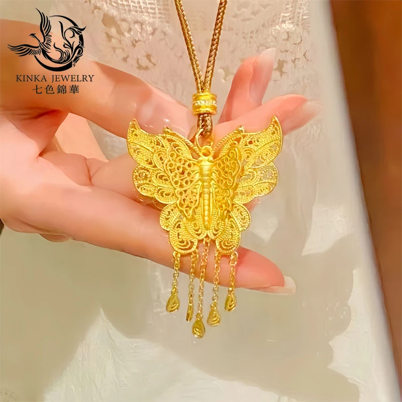 [精工]合金项链女金色古法流苏蝴蝶吊坠珐琅彩挂坠时尚简约礼物