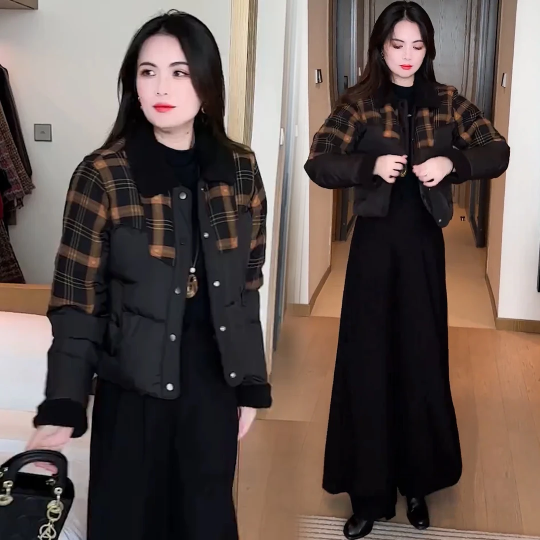 时尚羽绒棉服女2025冬季新款洋气宽松显瘦格子拼接面包服保暖棉袄