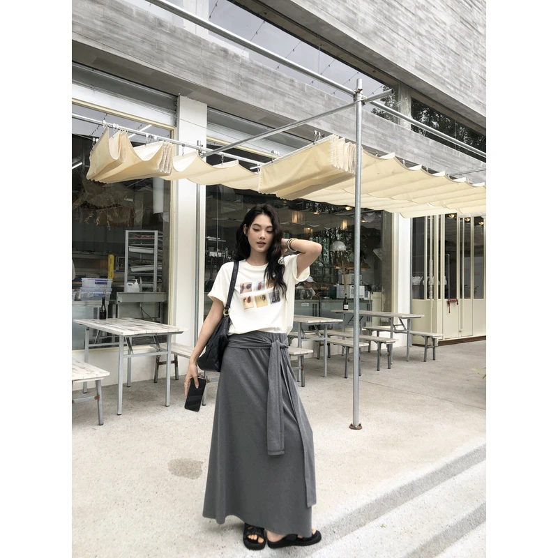 【任小艺新品】人棉混纺高腰弹力绑带A字针织长裙半身裙