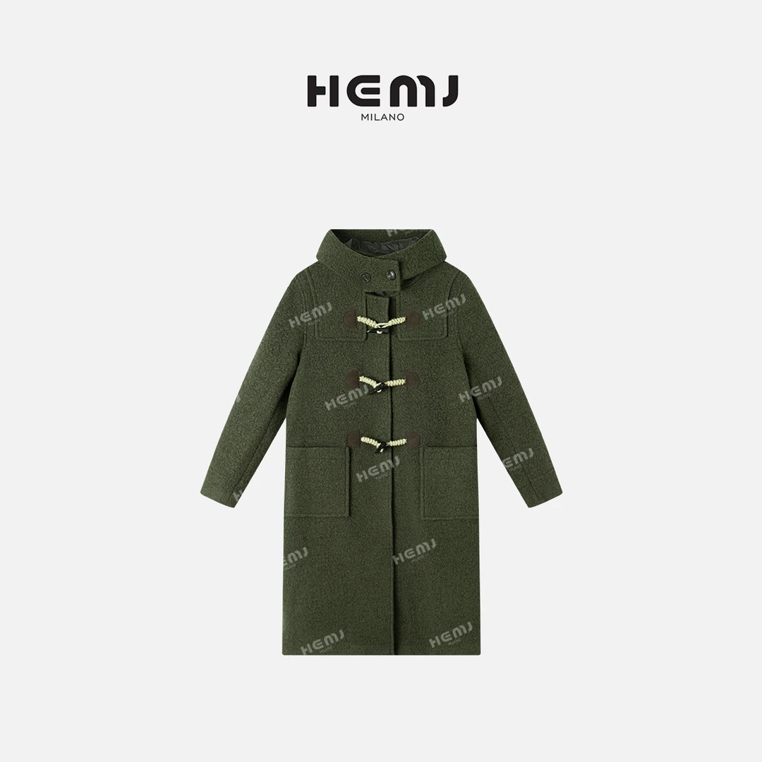HEMJ 和梦洁秋冬高级感气质连帽牛角扣长款呢子外套 MC1D4365