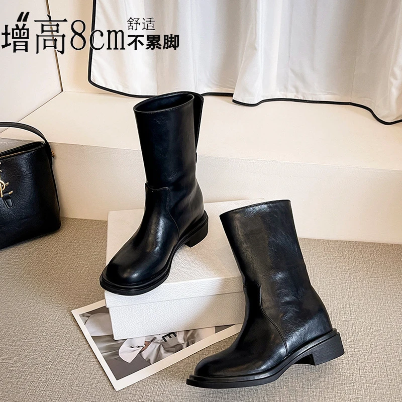 增高8厘米~韩国靴圆头小众中筒靴女粗跟骑士靴2025秋冬显瘦马丁靴