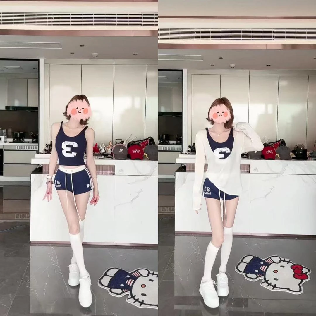 2025夏季辣妹纯欲休闲字母吊带背心+防晒罩衫+瑜伽运动短裤套装女