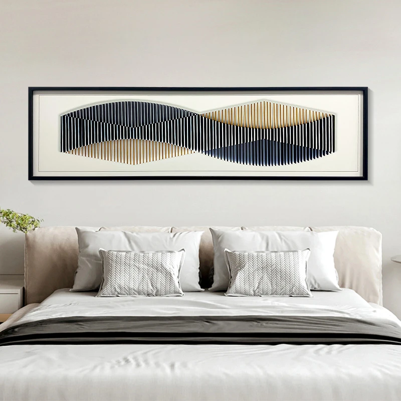 益师傅级感横版卧室床头装饰画轻奢样板间主卧房间挂画线条40150
