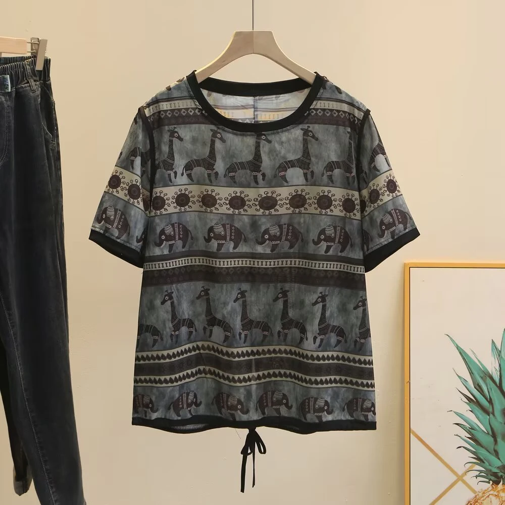 YANUJIAO/雅奴嬌宽松半袖T恤女复古印花大码胖mm夏季短袖雪纺小衫