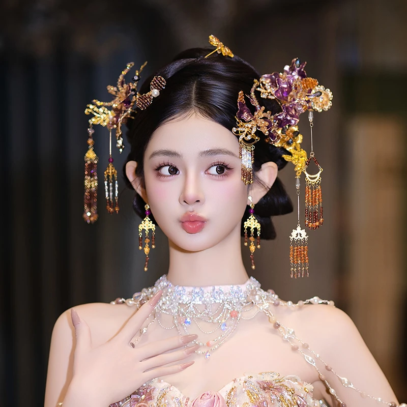 合金婚庆饰品 中式新娘紫色减龄秀禾古风婚礼汉服古装配饰品D0513