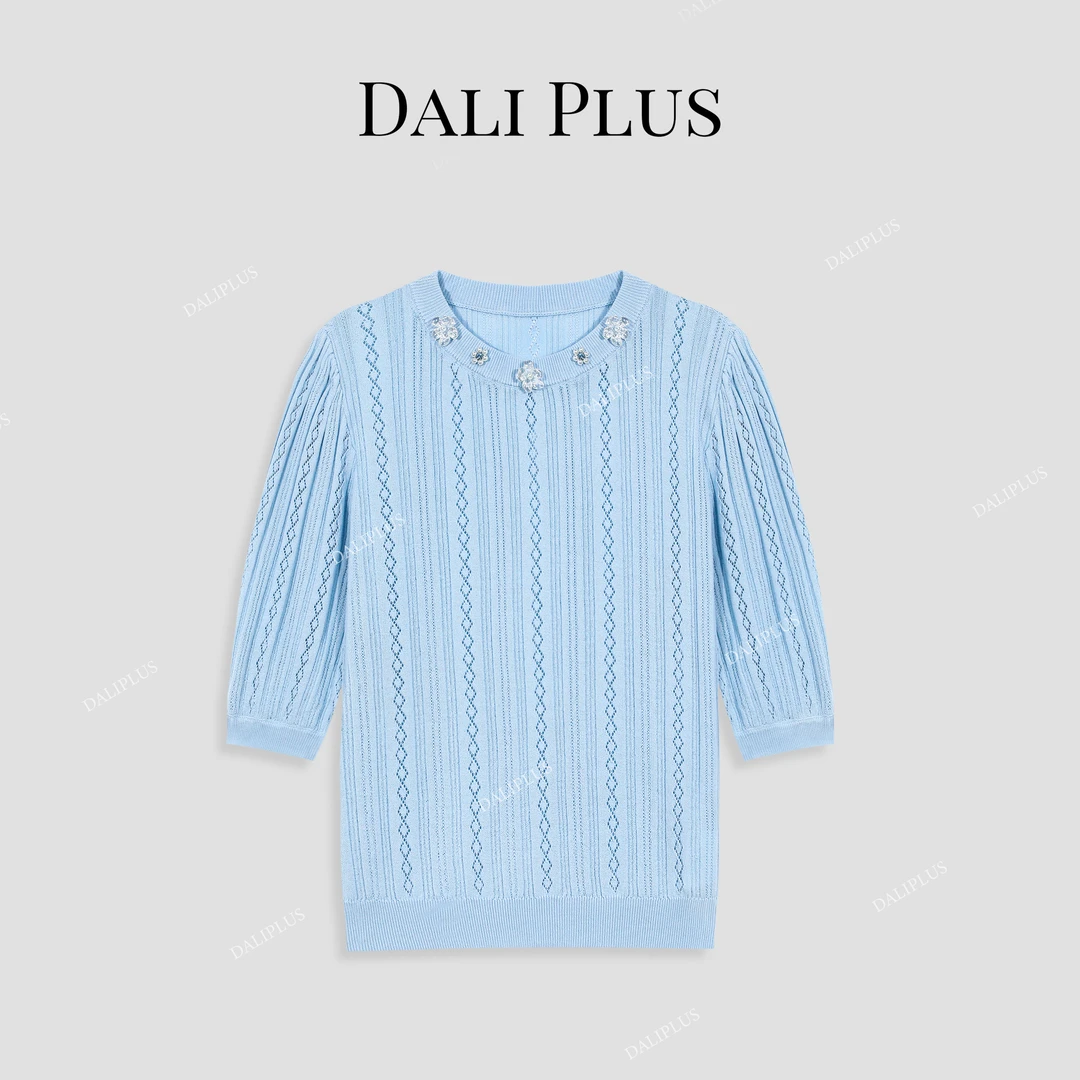 DALI PLUS法式精致水晶珍珠花设计师款镂空短袖针织-D5QX0015