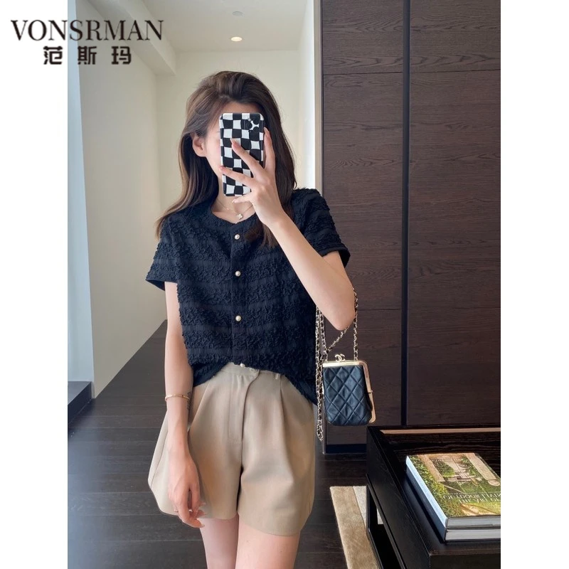 法式小衫 髙级肌理感网纱褶皱短袖衫圆领VONSRMA