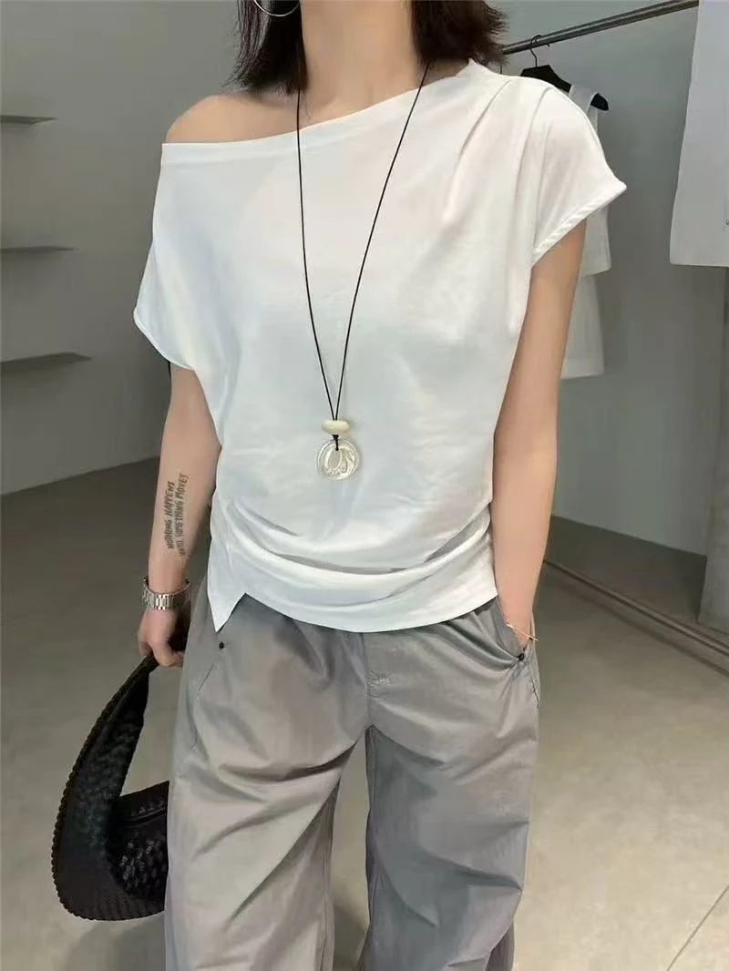 【海南肉丝】简约可斜肩褶皱百搭上衣20225
