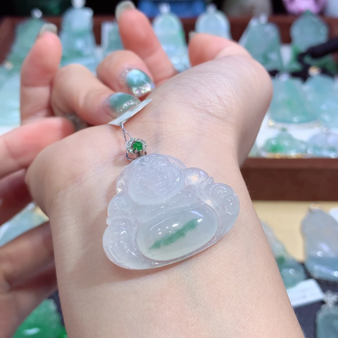 翡翠18K金镶嵌吊坠(不含链)天然缅甸A货翡翠揭阳工佛公