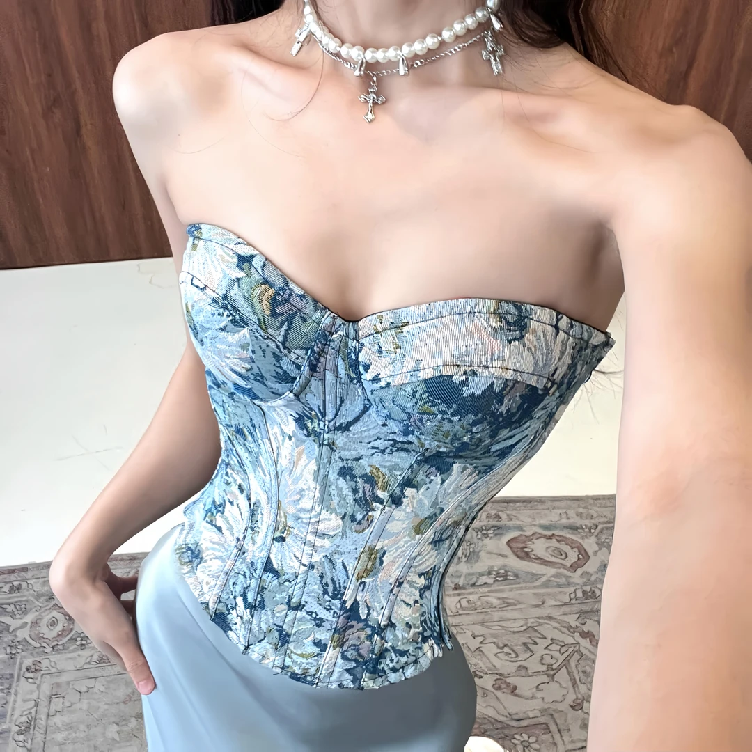 25801-（带胸垫）蓝镜白羽提花法式真鱼骨复古高级感抹胸鱼骨抹胸