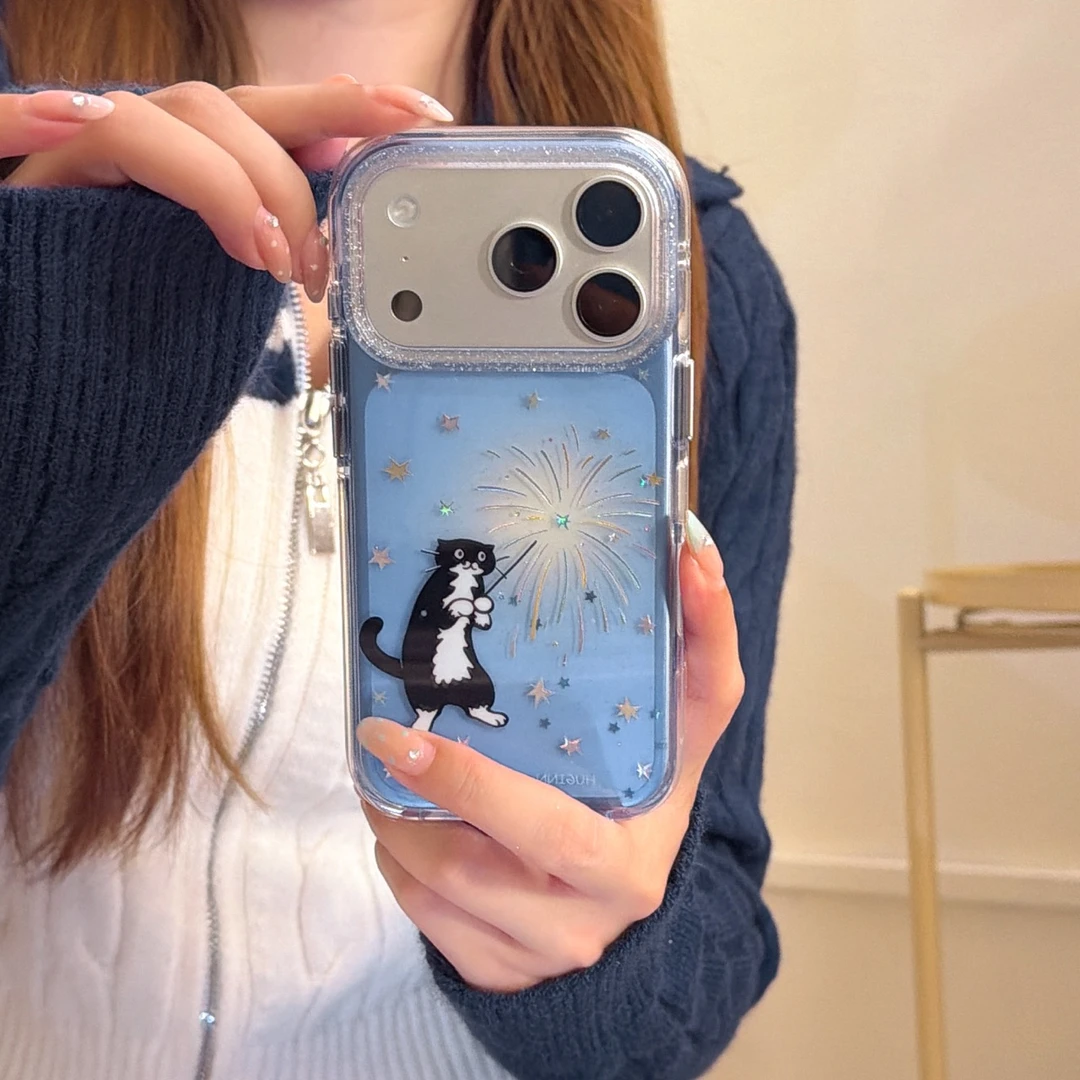 送挂链鎏金仙女棒小黑猫苹果14/15/16/17promax创意潮流防摔壳