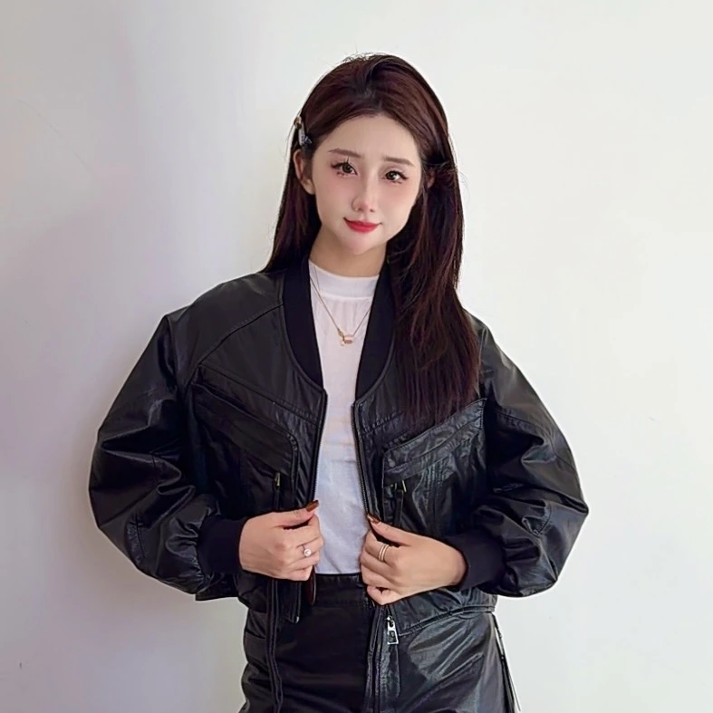 【夏小婉推荐】黑色春秋棒球领外套皮衣女-XIAOWAN-58292
