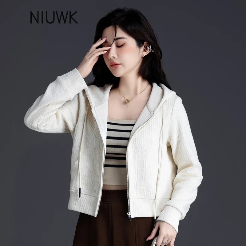 雪尼尔提花连帽外套春秋款2025新款小个子短款休闲运动米白色卫衣