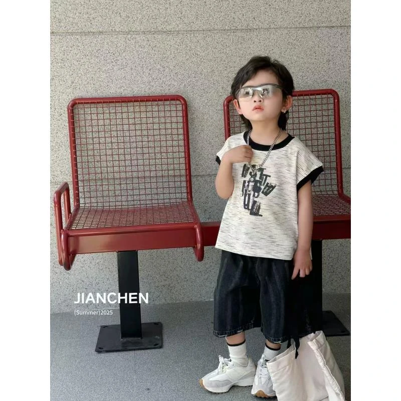 现货〃2025夏套新款条纹短袖牛仔裤韩版男童新款洋气潮酷宽松08260