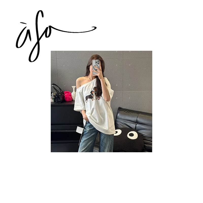 ASA-【把腊肠狗狗穿在身上的斜肩T恤】（dx00164）