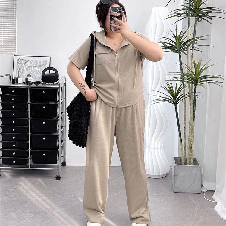 夏季大码300斤显瘦连帽拉链上衣休闲阔腿长裤胖mm时尚百搭套装女