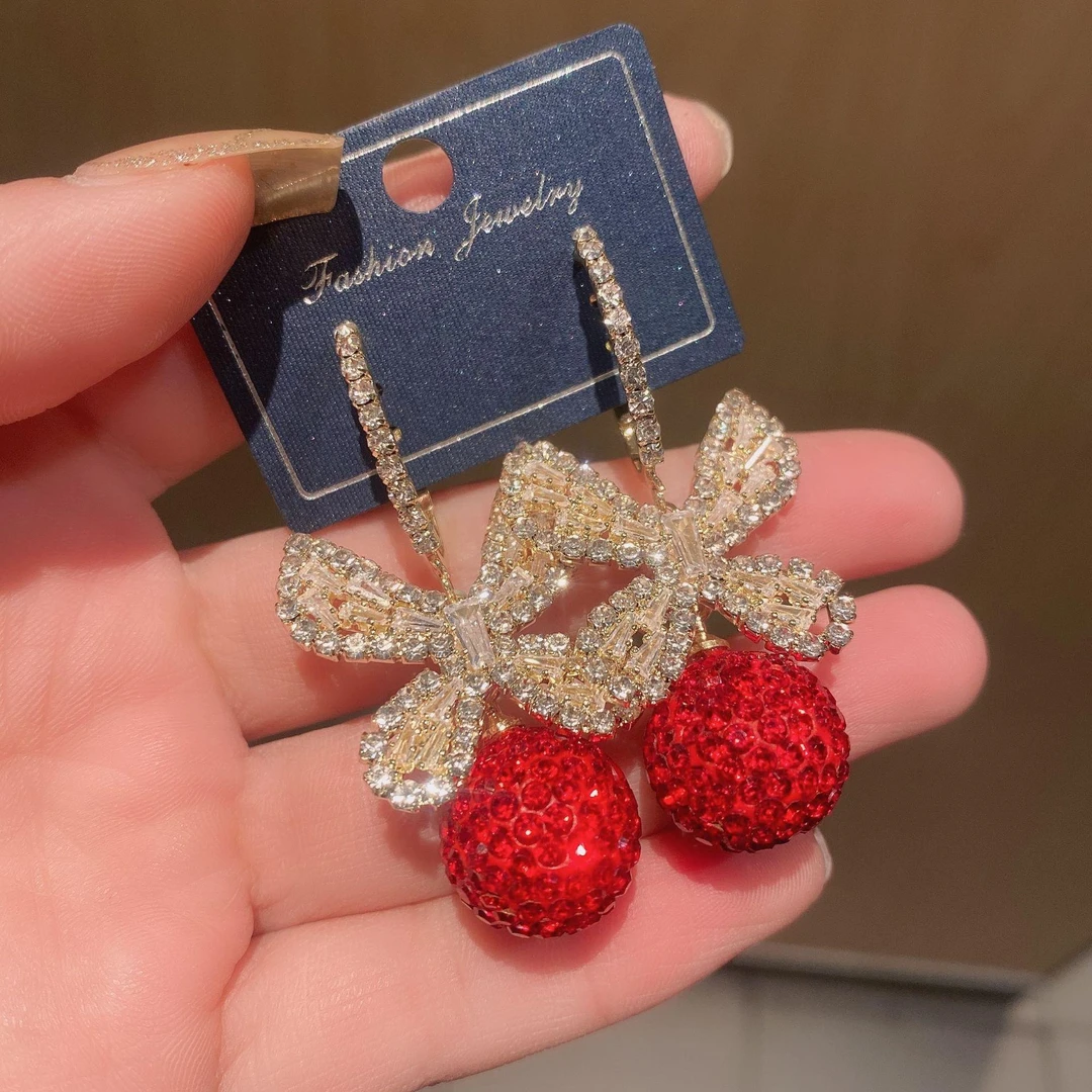 合金锆石耳饰 重工超仙流苏闪亮珍珠大耳环经典时尚百搭红色耳饰