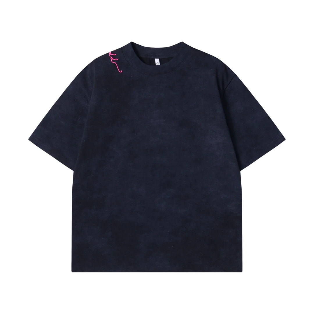 夏季高级感新款韩版扎染刺绣圆领短袖T恤百搭情侣复古套头上衣