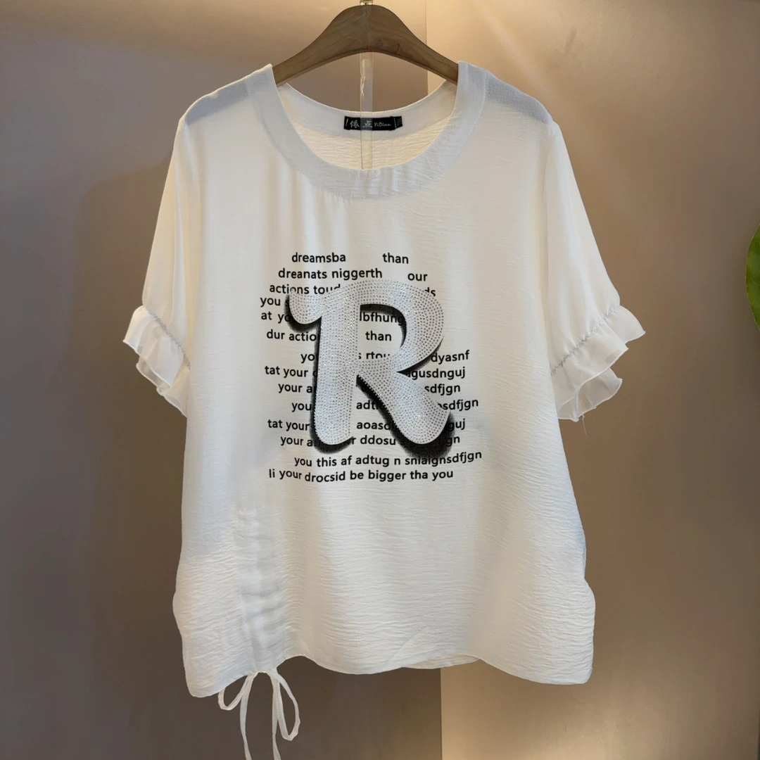韩系侧系带短袖字母减龄休闲宽松通勤百搭T恤