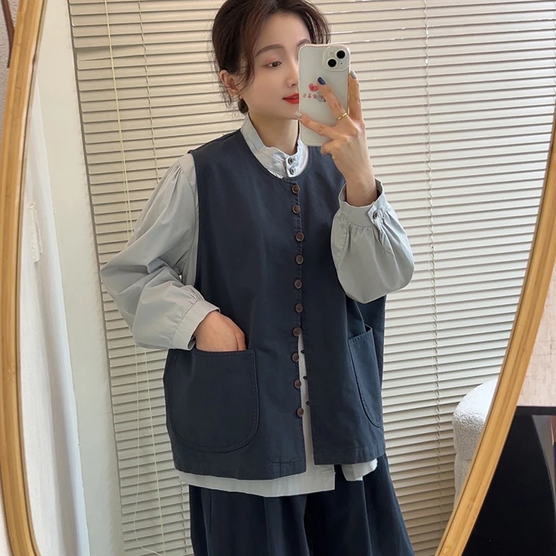 日系复古简约百搭工装圆领马甲女春秋叠穿外搭宽松马夹背心外套潮