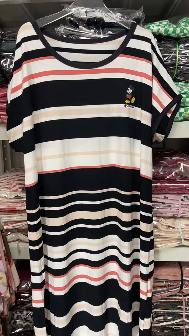 (100-150)连袖休闲H型裙女款条纹黑白短袖连衣裙宽松夏季针织