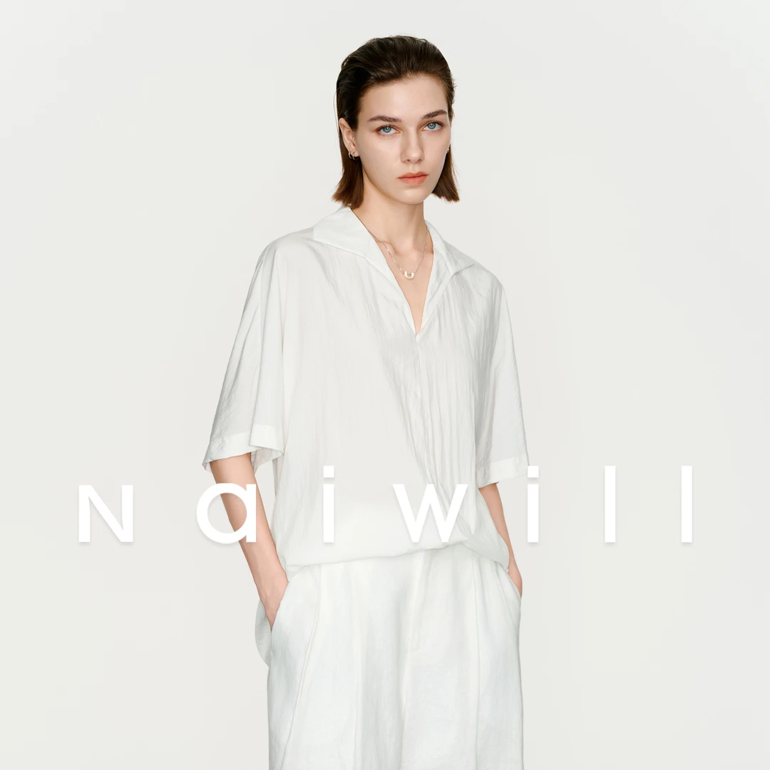 naiwill 木纸纤维混纺呼吸感H型五分袖白衬衫
