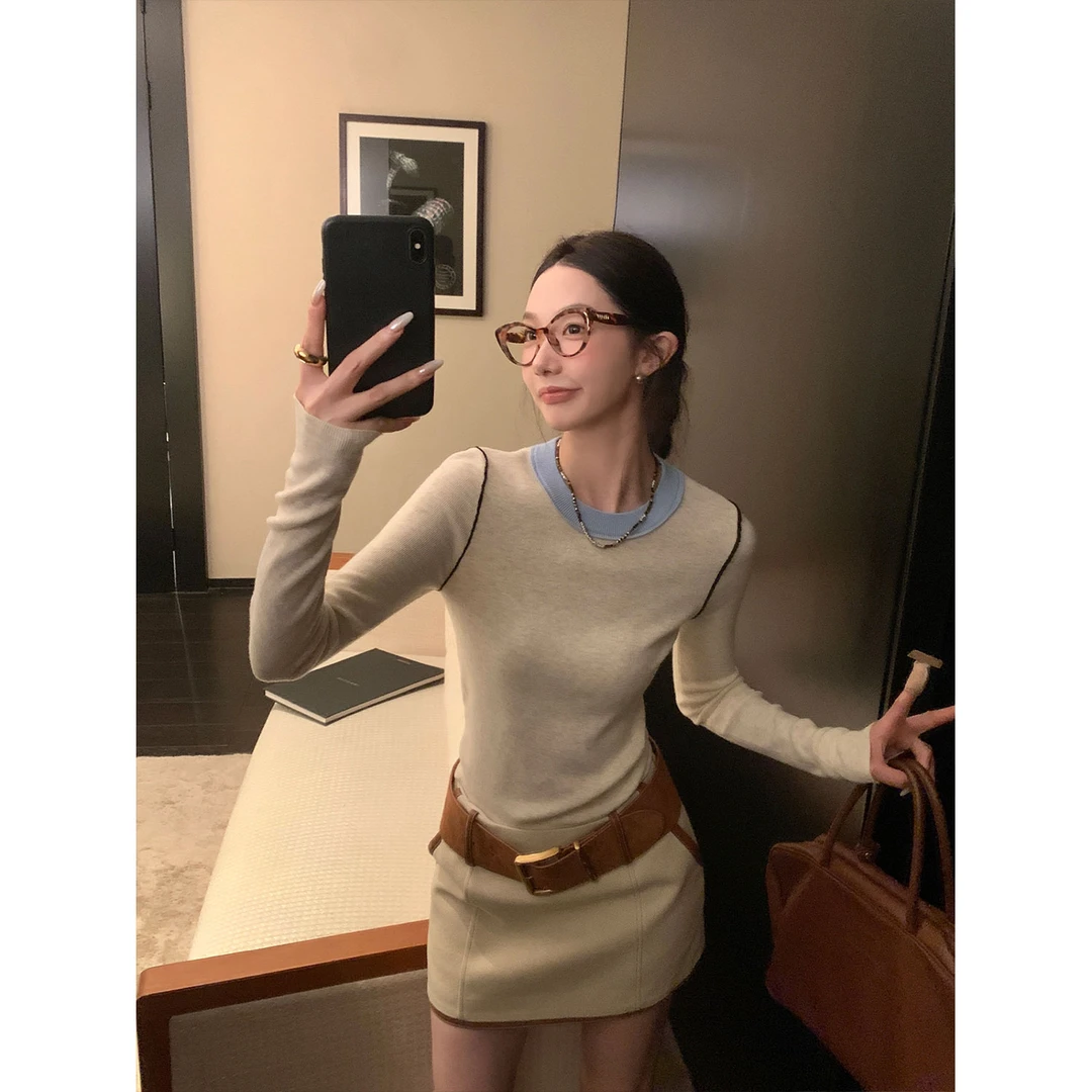 区区欧阳【ins慵懒软软衫】撞色针织衫女冬季新款圆领内搭打底衫