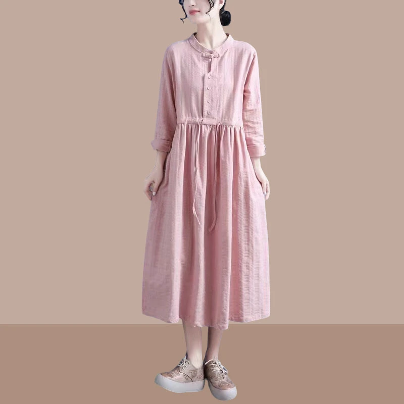 2025年秋季高级感独特惊艳长裙女亚麻质感复古盘扣法式长袖连衣裙