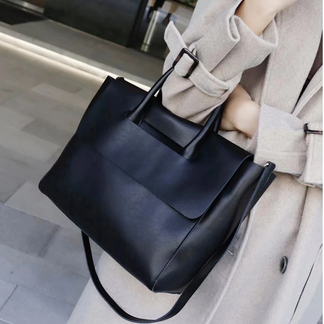 【Rain.Cun】中古老钱风头层swift牛皮手提托特包XKY-3006黑色