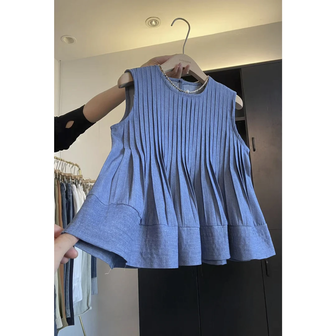 璎婲sᴀᴋᴜʀᴀ【乌龙松茶】媛重工压褶牛仔减龄娃娃衫圆领复古无袖衬衫