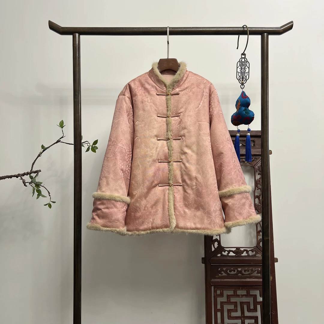 【玉蝴蝶】新中式桑蚕丝织金貂毛夹棉加厚棉服W50237