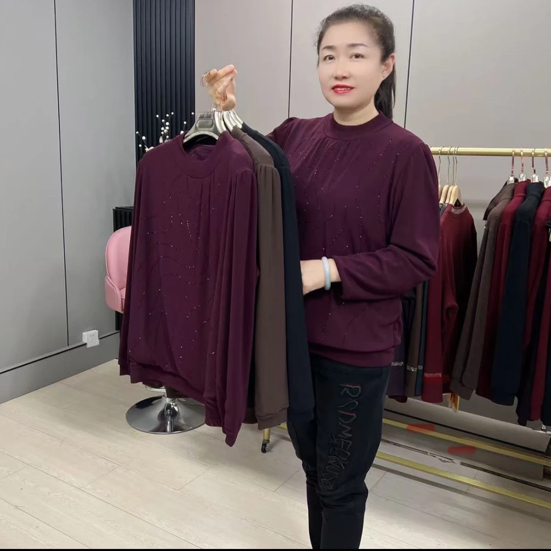 加绒钻大码时尚加肥百搭半高圆领宽松套头长袖女士保暖衫